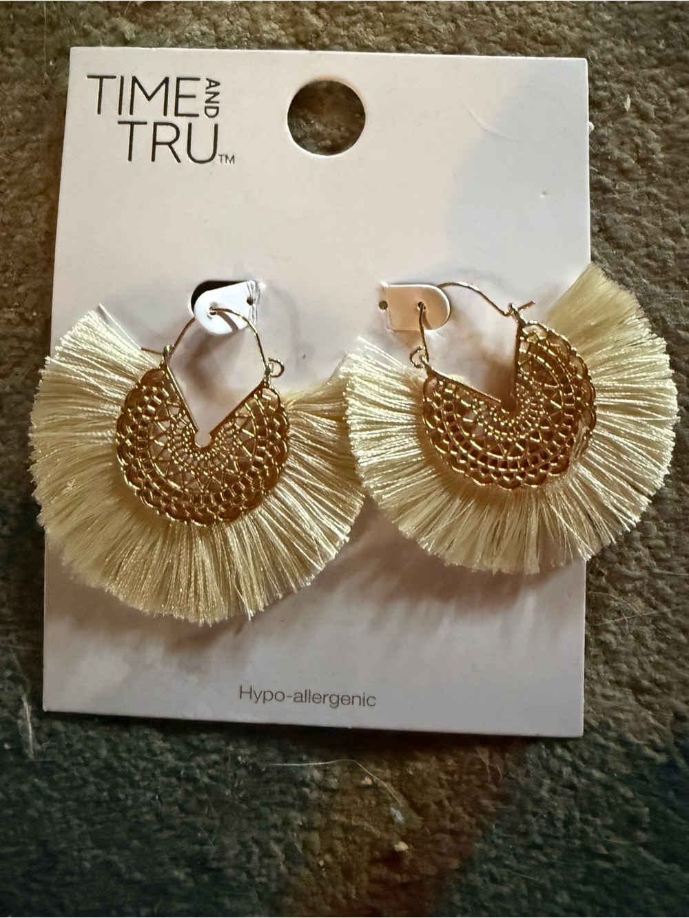 Time and Tru Gold Filigree Fan Earrings with Cream Fringe